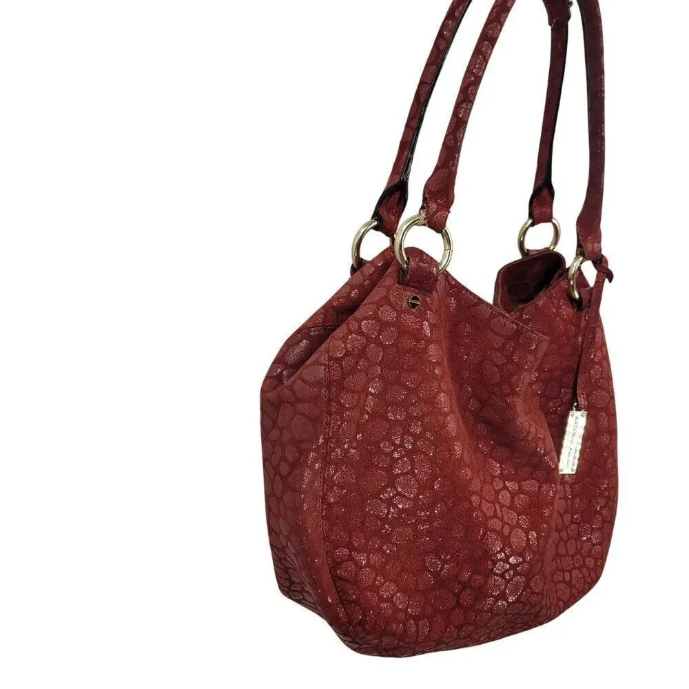 Antonio Melani Red Pebble Textured Leather Hobo Satchel Shoulder Bag Gold Accent